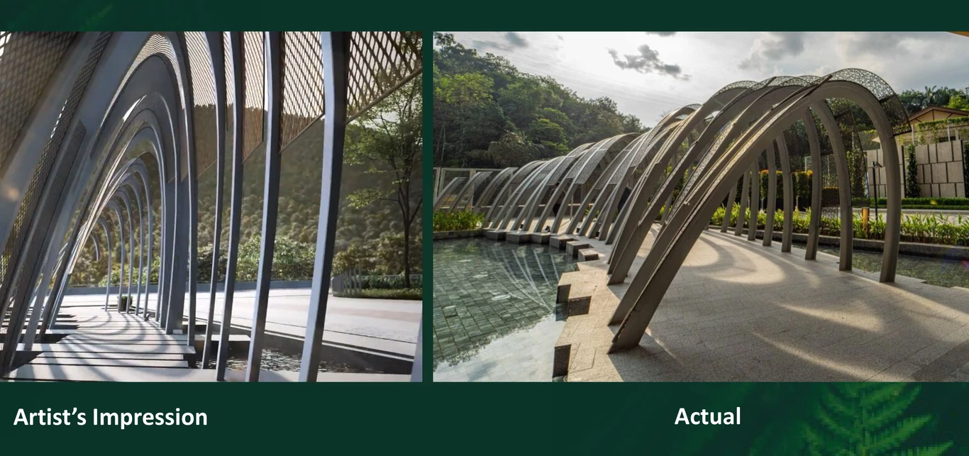 Side by side comparison from the developer, an artist's impression of an arched water feature next to a photograph of the same feature as built