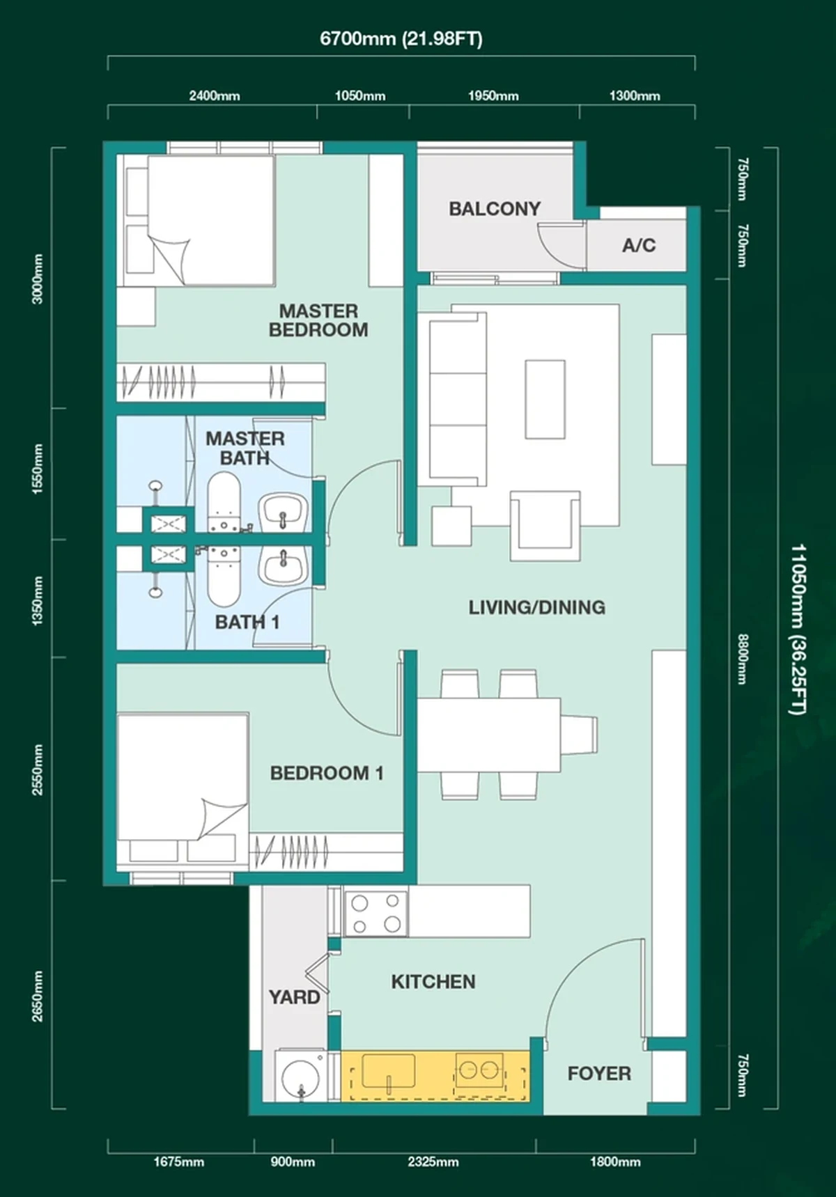 Trinity Rainfora Type B floor plan, 739 square feet, two bedrooms, two bathrooms, one balcony