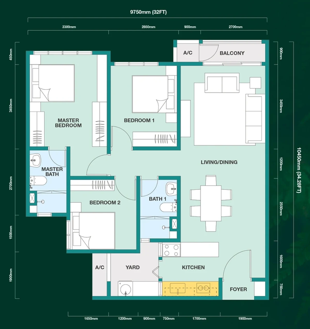 Trinity Rainfora Type C floor plan, 974 square feet, three bedrooms, two bathrooms, one balcony