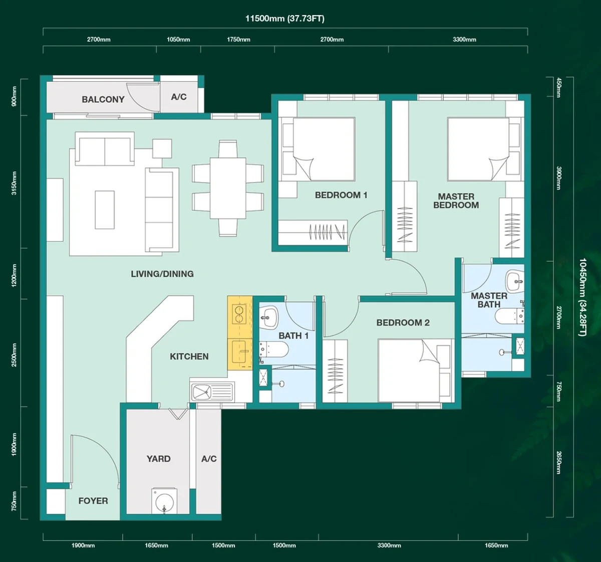Trinity Rainfora Type D floor plan, 1,026 square feet, three bedrooms, two bathrooms, one balcony