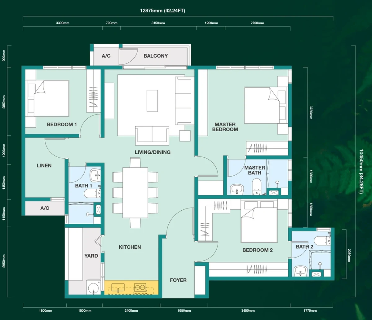 Trinity Rainfora Type E dual key floor plan, 1,124 square feet, three plus one bedrooms, three bathrooms