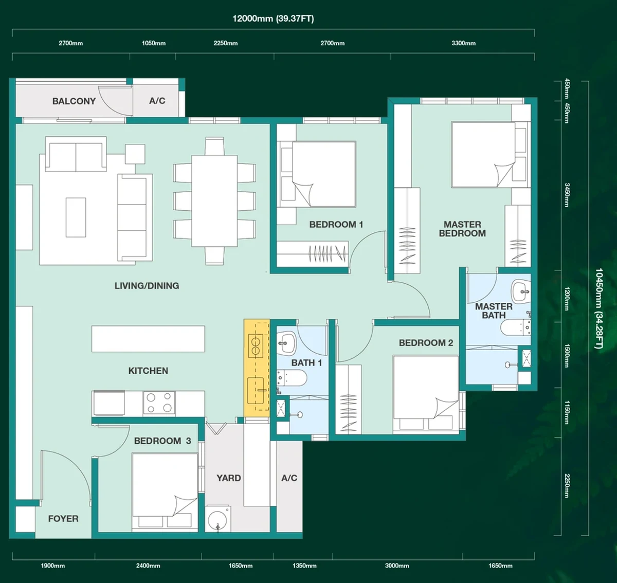 Trinity Rainfora Type F floor plan, 1,136 square feet, four bedrooms, two bathrooms, one balcony