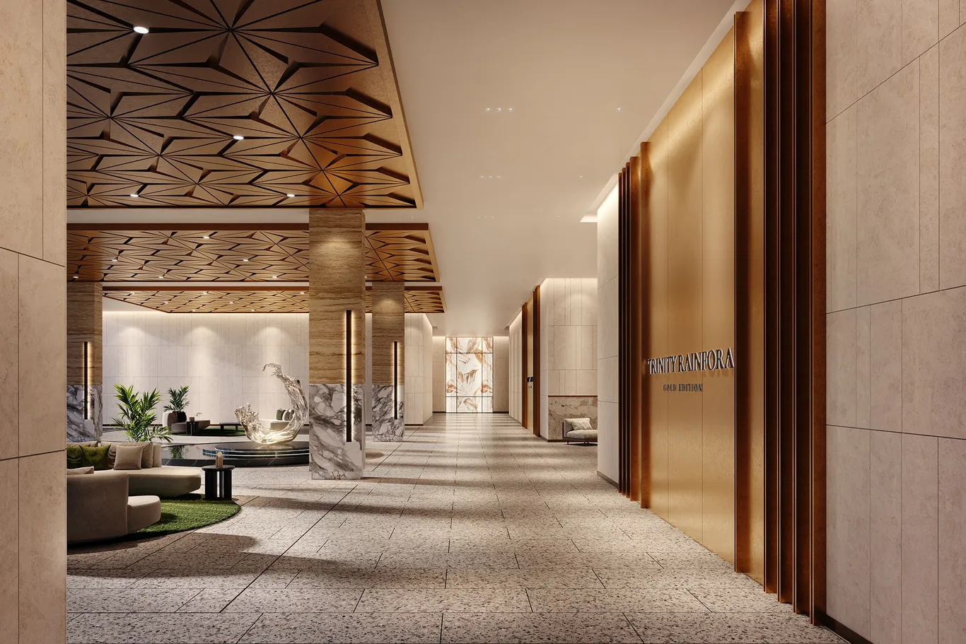 Artist's impression of the Trinity Rainfora grand lobby and lift lobby, with timber slat walls and a double volume seating lounge