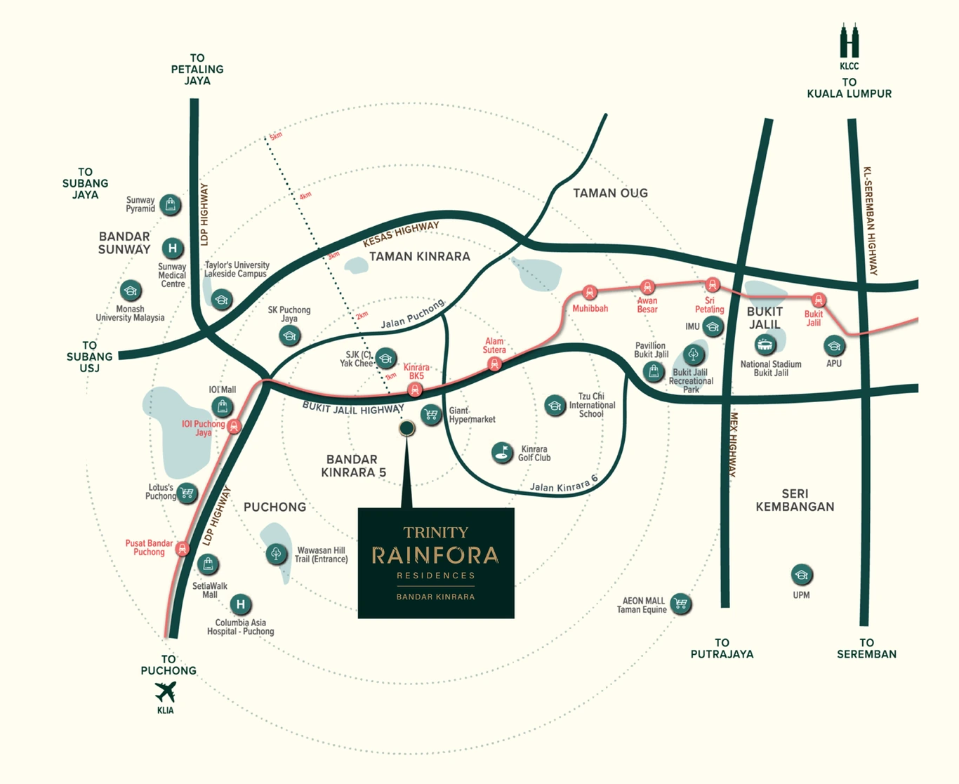 Illustrated connectivity map showing Trinity Rainfora relative to Puchong, Bukit Jalil, Seri Kembangan and the surrounding expressways